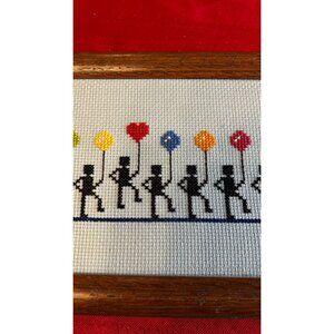 Colorful dancing Robots Cross-Stitch Framed Balloons Whimsical Handmade Rainbow